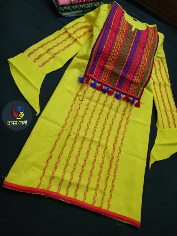 হলুদ রঙের খাদি (স্লাব কটন) সিংগেল জামা (আনস্টিচড)